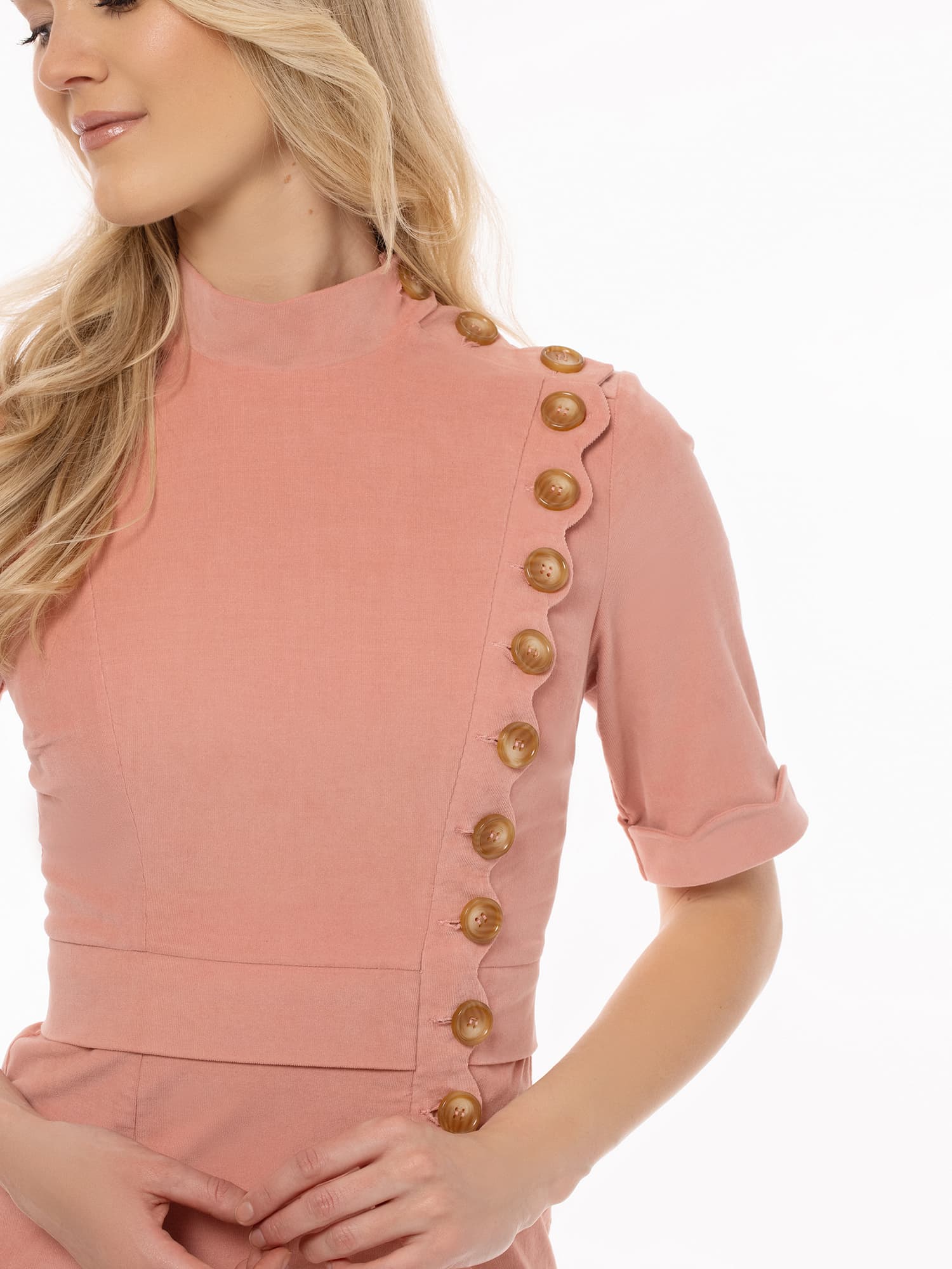 Side Button Scallop Dress in Pink